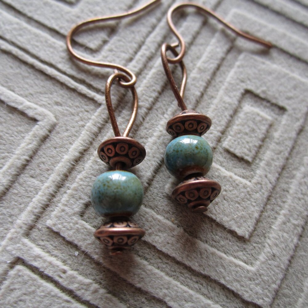 Artisan Handmade Copper & Turquoise Bead Dangle Earrings – Boho Chic Style